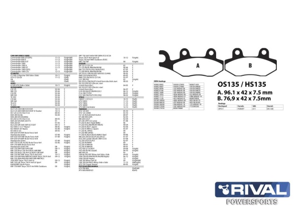 Тормозные колодки HS135 для Brp/ /Kawasaki/Suzuki/Yamaha Усиленные (Rival)