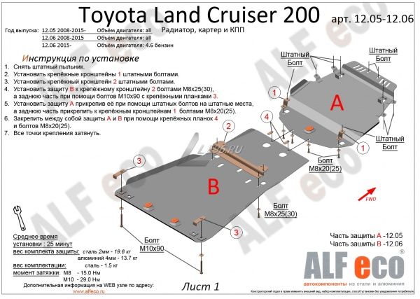 Защита картера Toyota Land Cruiser 200 (2 части) (2008-2015) Alfeco